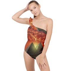 Pyramids Egypt Monument Landmark Sunrise Sunset Egyptian Frilly One Shoulder Swimsuit by Proyonanggan