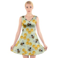 Bees Pattern Honey Bee Bug Honeycomb Honey Beehive V-neck Sleeveless Dress by Bedest