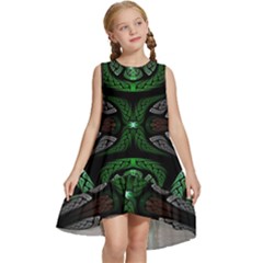 Fractal Green Black 3d Art Floral Pattern Kids  Frill Swing Dress by Cemarart