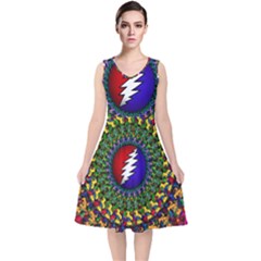 Grateful Dead Bear Pattern V-neck Midi Sleeveless Dress  by Maspions