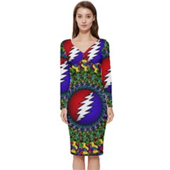 Grateful Dead Bear Pattern Long Sleeve V-neck Bodycon Dress  by Maspions