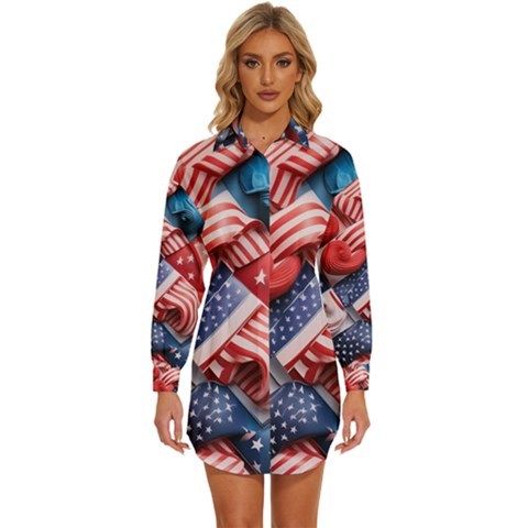 Us Presidential Election Colorful Vibrant Pattern Design  Womens Long Sleeve Shirt Dress by dflcprintsclothing