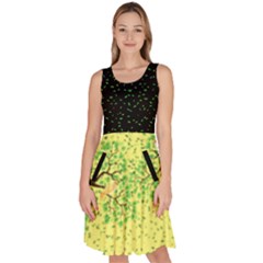 Leafy Pastel Bird Dress Black Top Yellow Skirt Knee Length Skater Dress With Pockets by JazzerSci