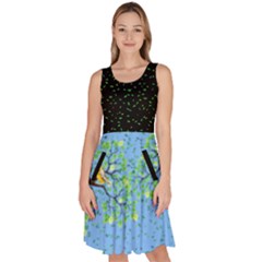 Leafy Swallow Dress Black Top Blue Skirt Knee Length Skater Dress With Pockets by JazzerSci