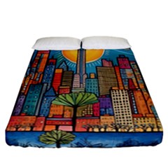 City New York Nyc Skyscraper Skyline Downtown Night Business Urban Travel Landmark Building Architec Fitted Sheet (california King Size)