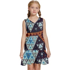 Fractal Triangle Geometric Abstract Pattern Kids  Sleeveless Tiered Mini Dress by Cemarart