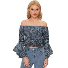 Internet Planet Drink Computer Off Shoulder Flutter Bell Sleeve Top by Proyonanggan