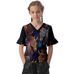Schwarz Pferde Muster Kids  V-neck Horn Sleeve Blouse by 2607694c