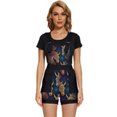 Schwarz Pferde Muster Short Overalls by 2607694c
