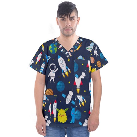 Big Set Cute Astronauts Space Planets Stars Aliens Rockets Ufo Constellations Satellite Moon Rover V Men s V-neck Scrub Top by Bedest