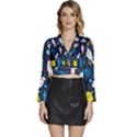 Big Set Cute Astronauts Space Planets Stars Aliens Rockets Ufo Constellations Satellite Moon Rover V Long Sleeve Tie Back Satin Wrap Top View1