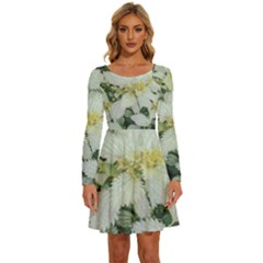 Enchanting Foliage Sharp Edged Leaves In Pale Yellow And Silver Bk Long Sleeve Wide Neck Velvet Dress by dflcprintsclothing