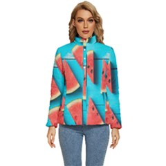 Watermelon Blue Background Women s Puffer Bubble Jacket Coat by Azkajaya