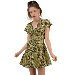 Yellow Snake Skin Pattern Flutter Sleeve Wrap Dress by Ket1n9