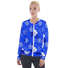 Blooming Seamless Pattern Blue Colors Velvet Zip Up Jacket by Ket1n9