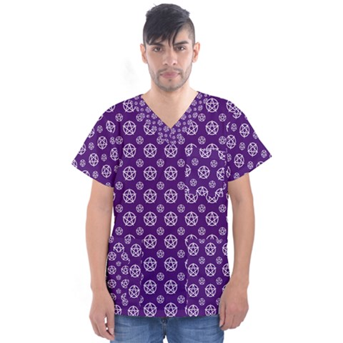 White Pentacle And Purple Pattern Men s V-neck Scrub Top by cheekywitch