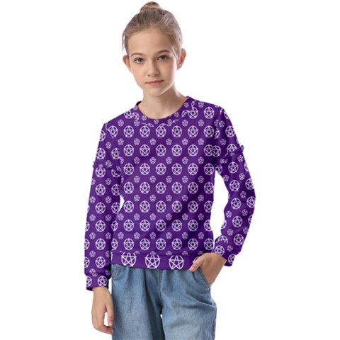 White Pentacle And Purple Pattern Kids  Long Sleeve T-shirt With Frill  by cheekywitch