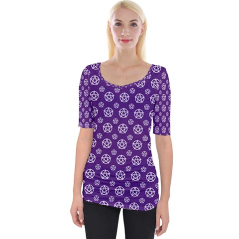 White Pentacle And Purple Pattern Wide Neckline T-shirt by cheekywitch