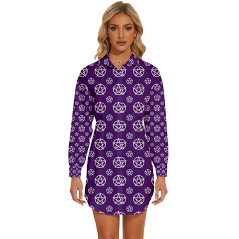 White Pentacle And Purple Pattern Womens Long Sleeve Shirt Dress by cheekywitch