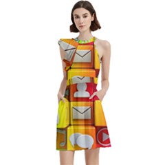 Colorful 3d Social Media Cocktail Party Halter Sleeveless Dress With Pockets by Ket1n9