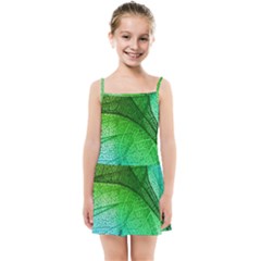 3d Leaves Texture Sheet Blue Green Kids  Summer Sun Dress by Cemarart