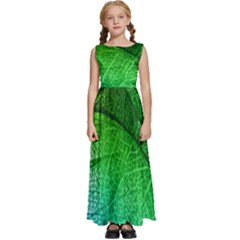 3d Leaves Texture Sheet Blue Green Kids  Satin Sleeveless Maxi Dress by Cemarart