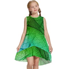 3d Leaves Texture Sheet Blue Green Kids  Frill Swing Dress by Cemarart