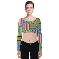 Patchwork Tile Pattern Mosaic Velvet Long Sleeve Crop Top by Loisa77