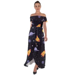 Cosmos Rocket Spaceship Ufo Off Shoulder Open Front Chiffon Dress by Salmanaz77