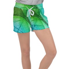 3d Leaves Texture Sheet Blue Green Women s Velour Lounge Shorts by Cemarart