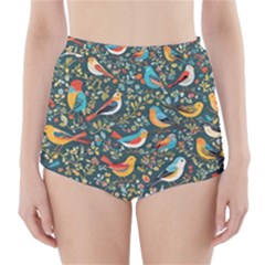 Birds Pattern Flowers Whimsical High-waisted Bikini Bottoms by Salmanaz77