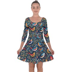 Birds Pattern Flowers Whimsical Quarter Sleeve Skater Dress by Salmanaz77