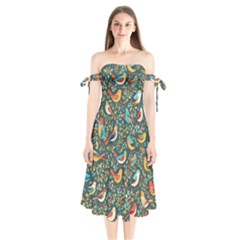 Birds Pattern Flowers Whimsical Shoulder Tie Bardot Midi Dress by Salmanaz77