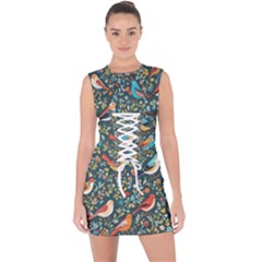 Birds Pattern Flowers Whimsical Lace Up Front Bodycon Dress by Salmanaz77