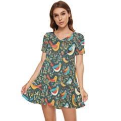 Birds Pattern Flowers Whimsical Tiered Short Sleeve Babydoll Dress by Salmanaz77