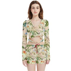 Textile Fabric Tropical Velvet Wrap Crop Top And Shorts Set by Paksenen