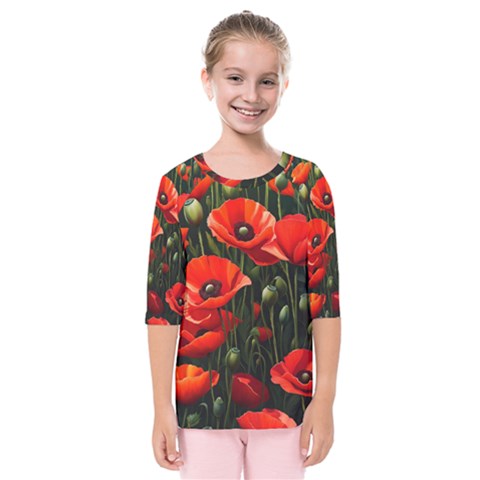 Flowers Poppies Bloom Blossom Art Kids  Quarter Sleeve Raglan T-shirt by Apenda