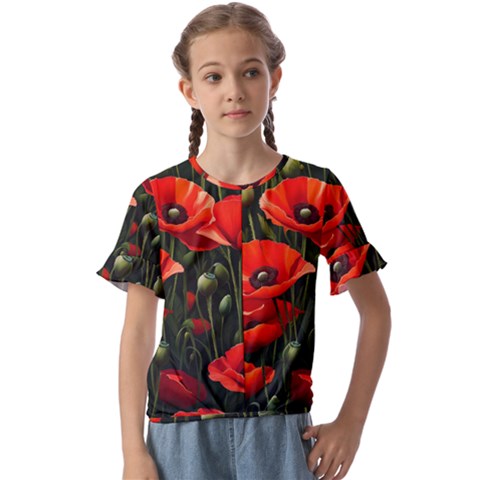 Flowers Poppies Bloom Blossom Art Kids  Cuff Sleeve Scrunch Bottom T-shirt by Apenda