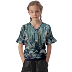 Underwater Coral Life Kids  V-neck Horn Sleeve Blouse by Apenda