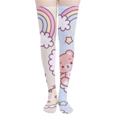 Usheen Carebears, Bears, Cat, Colorful, Cute, Pastel, Pattern Thigh High Stockings