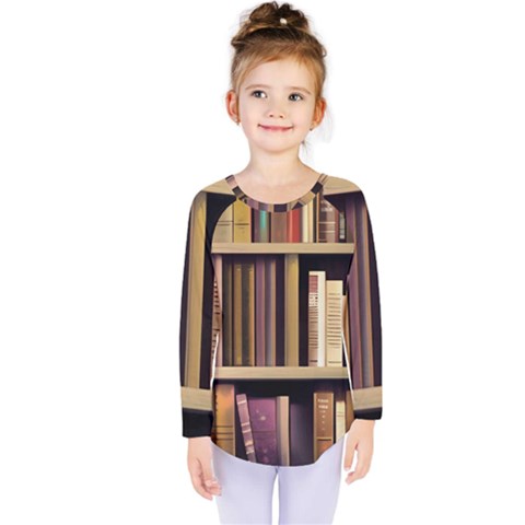 Books Bookshelves Office Fantasy Background Artwork Book Cover Apothecary Book Nook Literature Libra Kids  Long Sleeve T-shirt by Posterlux