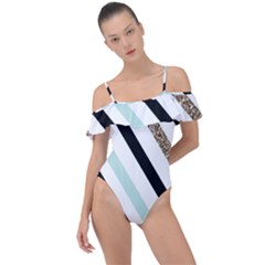 Pattern, Blue, Gold, Lines, Stripes Frill Detail One Piece Swimsuit by kyorashop23