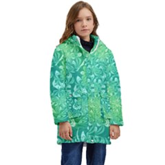 Retro Flower Pattern Design Batik Kids  Hooded Longline Puffer Jacket by Posterlux