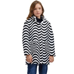 Black White Wave Pattern Wavy Water Seamless Kids  Hooded Longline Puffer Jacket by Posterlux