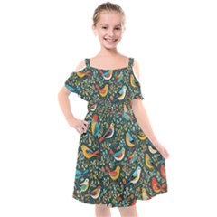 Birds Pattern Flowers Whimsical Kids  Cut Out Shoulders Chiffon Dress by Salmanaz77