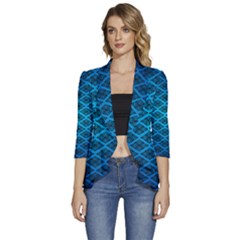 Pattern Texture Geometric Blue Women s 3/4 Sleeve Ruffle Edge Open Front Jacket