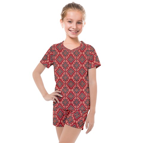 Illustrations Ajrak Abstract Design Pattern Kids  Mesh T-shirt And Shorts Set by Apenda