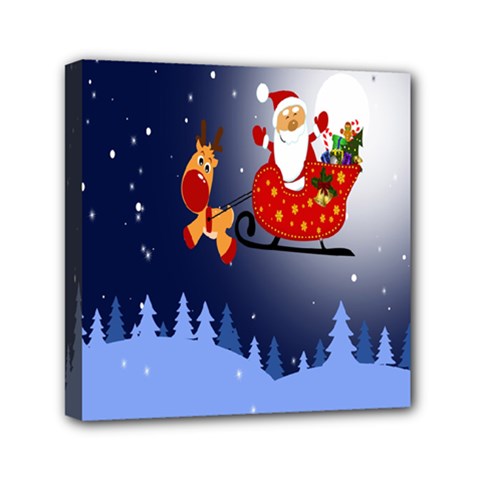 Deer Santa Claus Flying Trees Moon Night Merry Christmas Mini Canvas 6  X 6  (stretched) by anzea