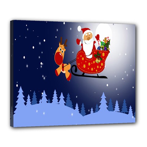 Deer Santa Claus Flying Trees Moon Night Merry Christmas Canvas 20  X 16  (stretched) by anzea