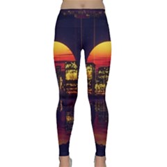 Abstract City Retro Sunset Night Classic Yoga Leggings by Bedest